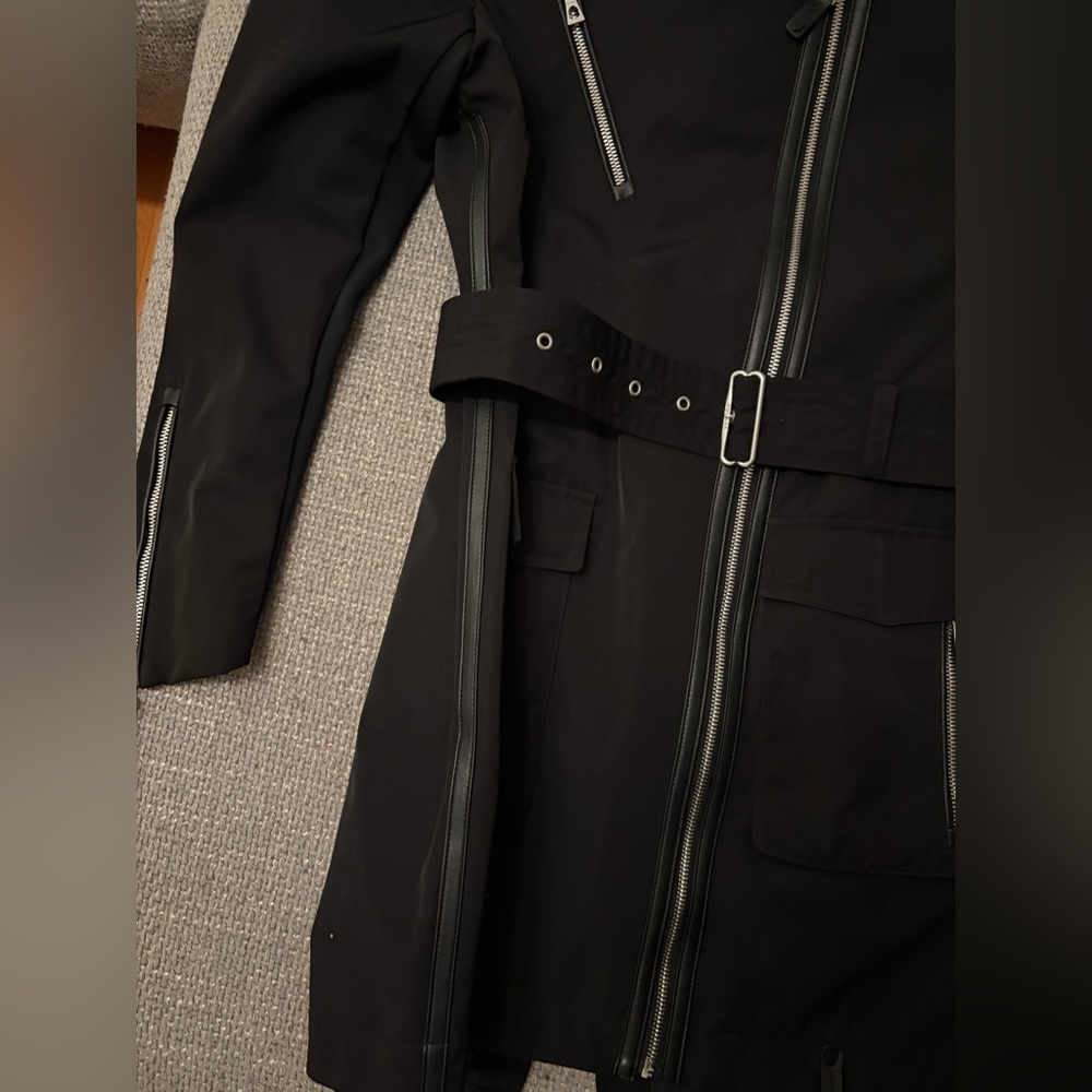 RUDSAK Moira Black Belted Jacket Hidden Hood Leather Trim Size XS - Picture 13 of 16
